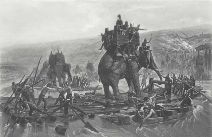 A depiction of Hannibal and his elephants crossing the Rhone River