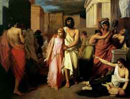 Antigone leads Oedipus out of